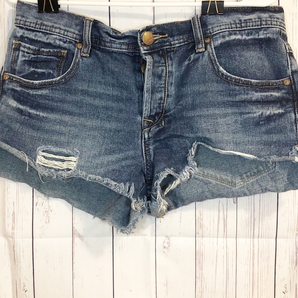 Free People|Distress Denim Button Fly Shorts